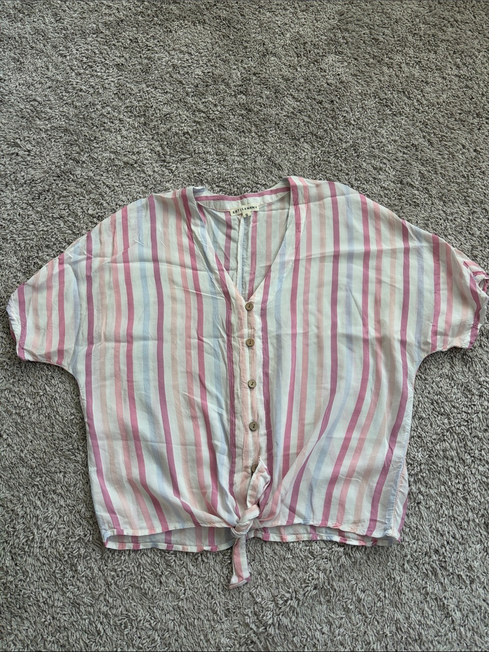 Artisan Ny Pink and White Striped pastels Button-Front Tie Hem Top